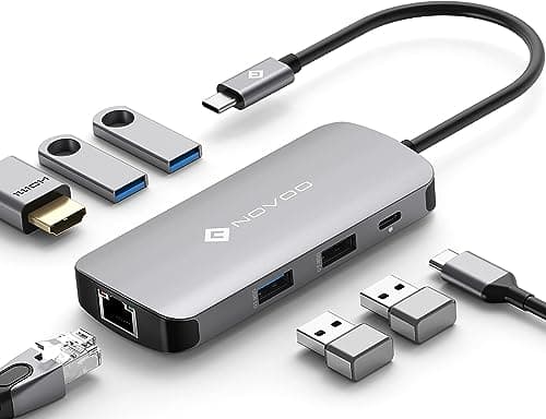 NOVOO USB C Hub with Ethernet Adapter, 7 in 1 USB Splitter w/100W PD, USB C 3.0 to HDMI Adapter, 3 USB 3.0 Ports, 1 USB 2.0 Port, 7-port Slim USB Docking Station for Laptop, Macbook Pro, Surface, XPS
