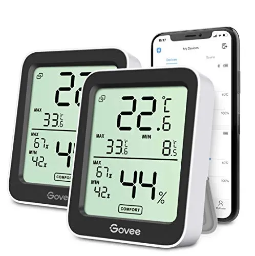 Govee Room Thermometer Hygrometer, Bluetooth Digital Indoor Temperature Humidity Sensor with Smart Alert and Data Storage, for Baby Home Cellar 2 Pack
