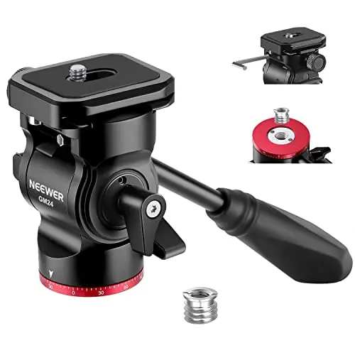 NEEWER GM24 Tripod Fluid Head with Arca Type Quick Release Plate and Handle, Metal Panoramic Head with Scaled Base (Diameter 37 mm) for Compact Video Camera DSLR Camera, Load up to 6.6 lb, Red