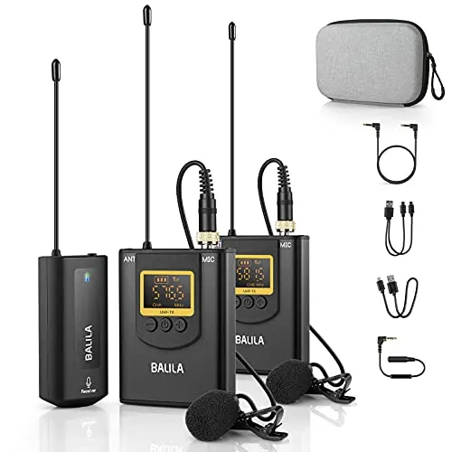 BALILA Wireless Lavalier Microphone for iPhone Android Smartphone Camera- UHF Dual Rechargeable Wireless Lapel Mic System with 2 Transmitters& 1 Receiver for Recording Interview YouTube Podcast Vlog