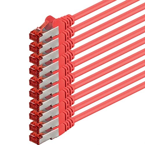 1aTTack.de 0.5m Cat6 Ethernet Cable Lan Patch Cat 6 Cables Internet Rj45 Plug 1Gbit/s SFTP PIMF for switch, router, modem, computer, gaming, tv, patchfields - red - 10 pieces 0.5m