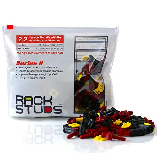 Rackstuds R100 Rack Mount Solution Series II – No More Cage Nuts! The Easiest and Safest Server Rack Solution in 19" Racks with Square Punched Vertical Rails | 100-pack, Red, 2.2mm/0.086" Version